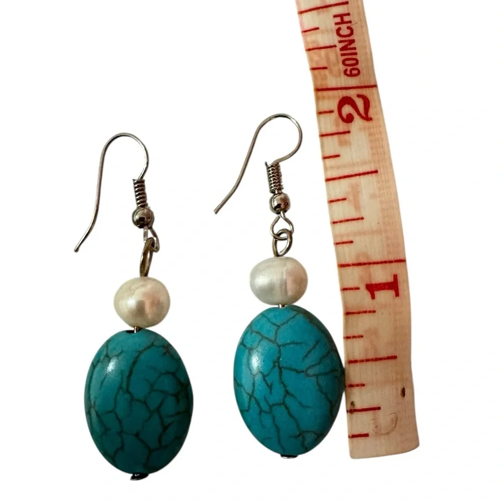 Turquoise Stone & Pearl Statement Necklace Set w/ Matching Earrings